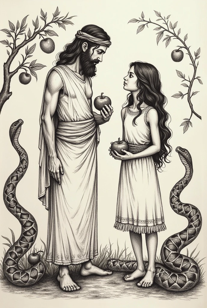 Adam and Eve in the eden garden and snake. Eve giving half eaten fruit to Ada. Also need to have snake. line drawing style