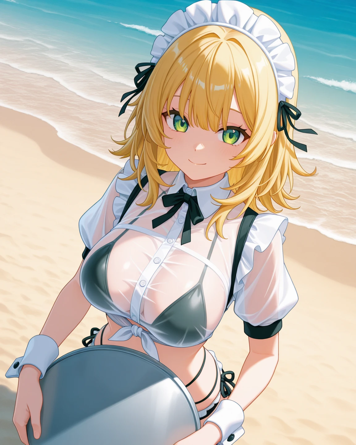 best quality,ultra detailed,extremely detailed and beautiful,perfect anatomy,perfect hands,blush,Beach House,cafe,(1 girl,solo:1.1),(momosuzu nene ),green eyes,blonde hair,(medium hair), (one side pony tail) ,pink ribbon, peach hair ornament,(sideways visor cap),pink choker,pink ribbon,(Waist frill apron:1.4),topless,one hand on tray,