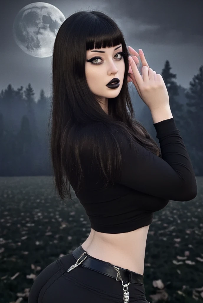 (masterpiece, best quality:1.2), 1girl, solo, Goth girl in cemitery under the moonlight , Pale skin Girl, black long hair thin waist, thick thighs, big breasts, six-pack abs, toned legs, biceps, black tank top, ripped black pants, gothic makeup, thick lips, Blue eyes. best quality, UHD, highres, 4K, textured skin, super detail, anatomically correct. Full moon background.