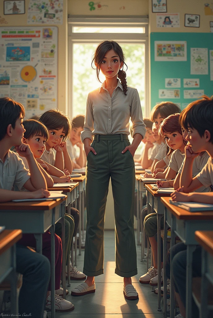Depict the young woman teaching children basic skills like reading, writing, and arithmetic in a simple rural schoolhouse. She is dressed in modest 1980s attire suitable for teaching. Show her in a warm, inviting setting with soft lighting that highlights the shadows of the classroom and the engaged faces of her students.