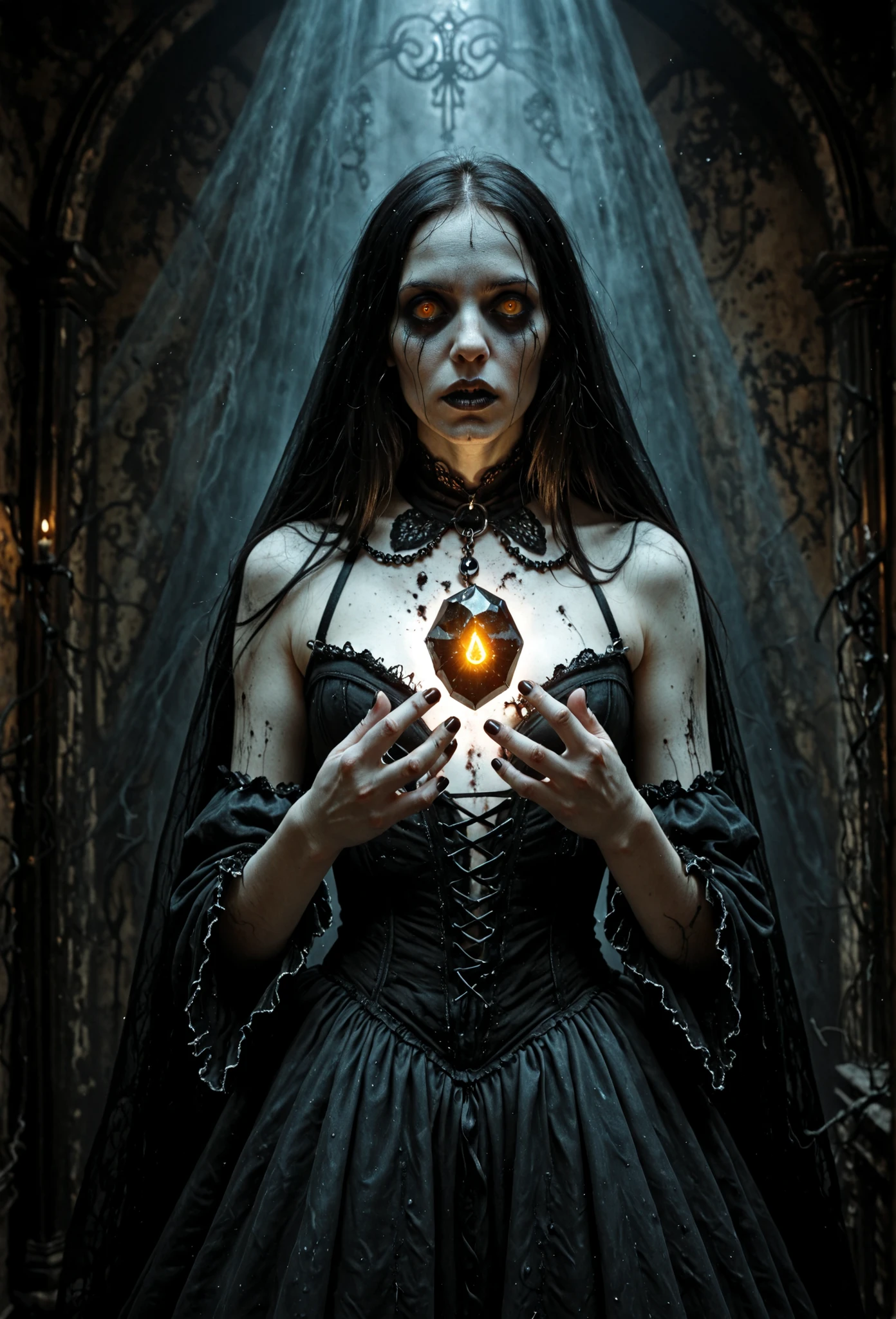 Gothic Beauty,ultra-realistic, photo-realistic, A 2000-year-old witch with long black hair,a large glowing magic gemstone in her hands,cutting the darkness around her,gothic/victorian style dress black and scarlet,gloomy atmosphere,iconic character, icon style, 4k,surreal environment, dramatic lighting, cinematic composition, nightmarish imagery, otherworldly, suggesting the lack of love,dark fantasy art, highly detailed, intricate details, chiaroscuro, moody color palette, gothic style,oil painting, Masterpiece
