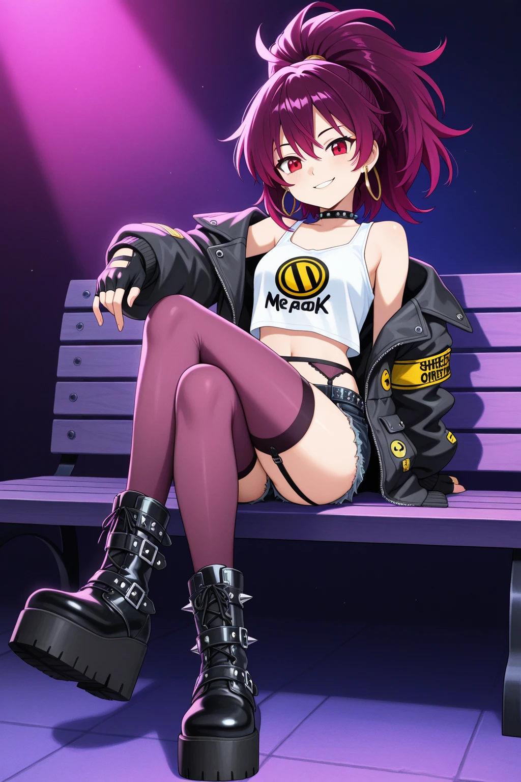 woman, curly red pixie cut hair, green eyes, wearing crop top black shirt, long black jacket, red plaid skirt, (black knee high boots), black fingerless gloves, exposed shoulders, (full body), large breasts freckles, cleavage, abs, looking at viewer, masterpiece, best quality, an14, Holo-Punk Style, sitting on steps