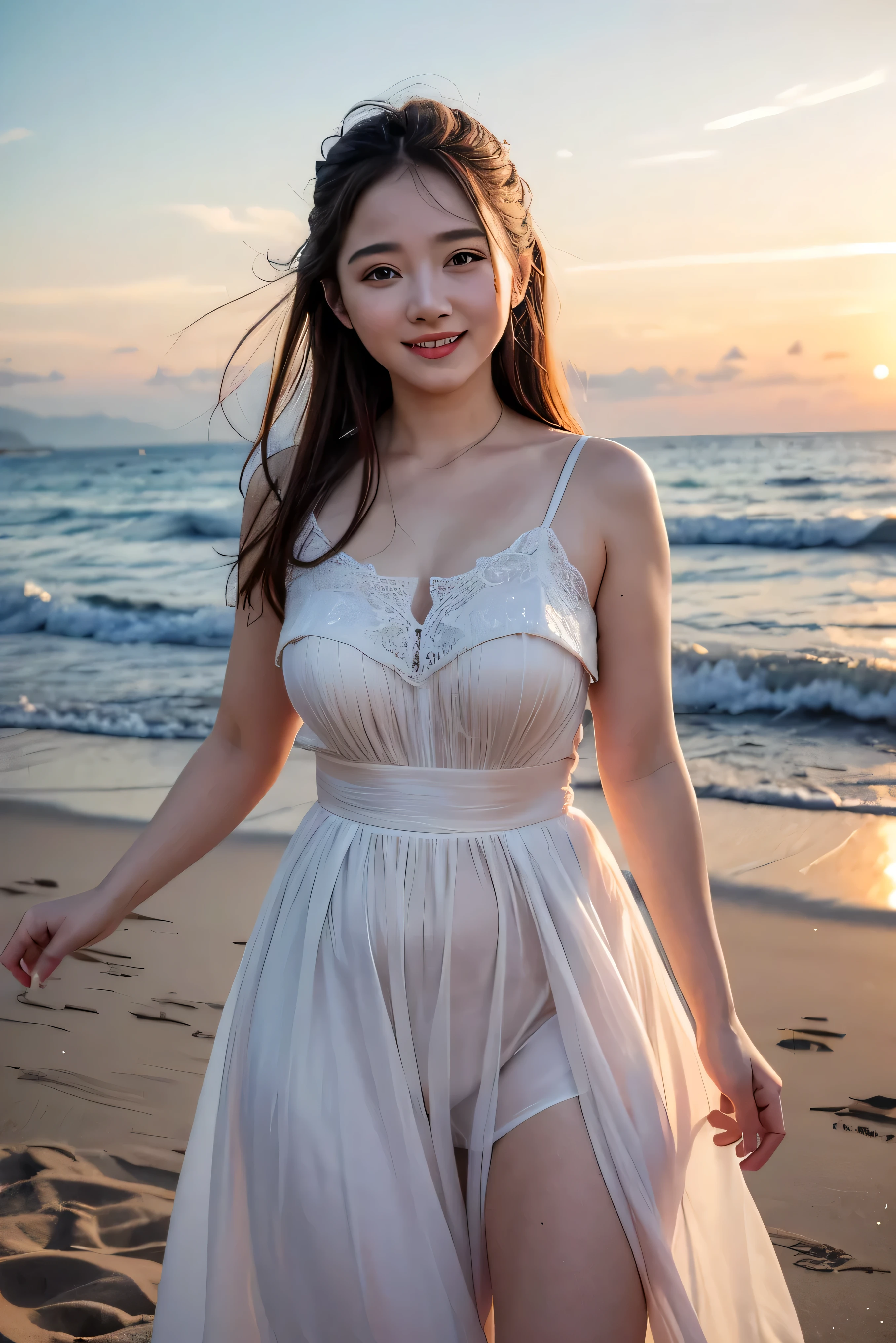 A 20-year-old as cute as a 15-year-old idol、Smiling Kindly、Medium size chest、Cleavage、(Sheer dress)、Stroll along the sandy shores of this beautiful beach、Daytime、Full body portrait、(High level of artistry)、(Artistic Expression)、RAW Photos、Genuine、realism、live-action、RAW Photoasterpiece、Highest quality