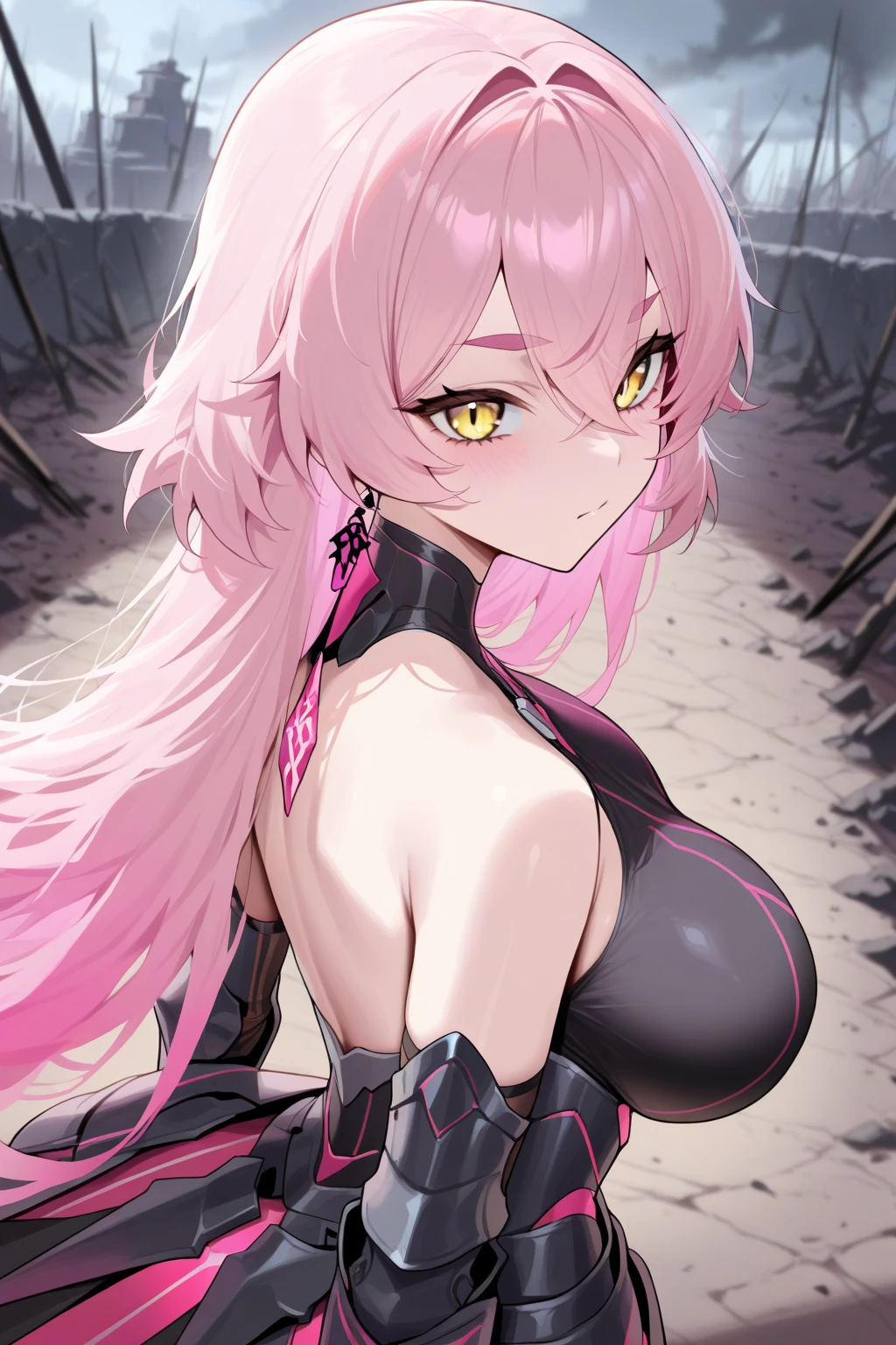 (masterpiece, best quality), intricate details, thin, ((slim)), beautiful girl, Light pink hair, white skin, light purple eyes, sharp jawline, cropped jacket, messy hair, plump lips, upper body, close up, smirk，露出乳房、露出胸部、大的胸部、大的乳房，全身显示，全身显示