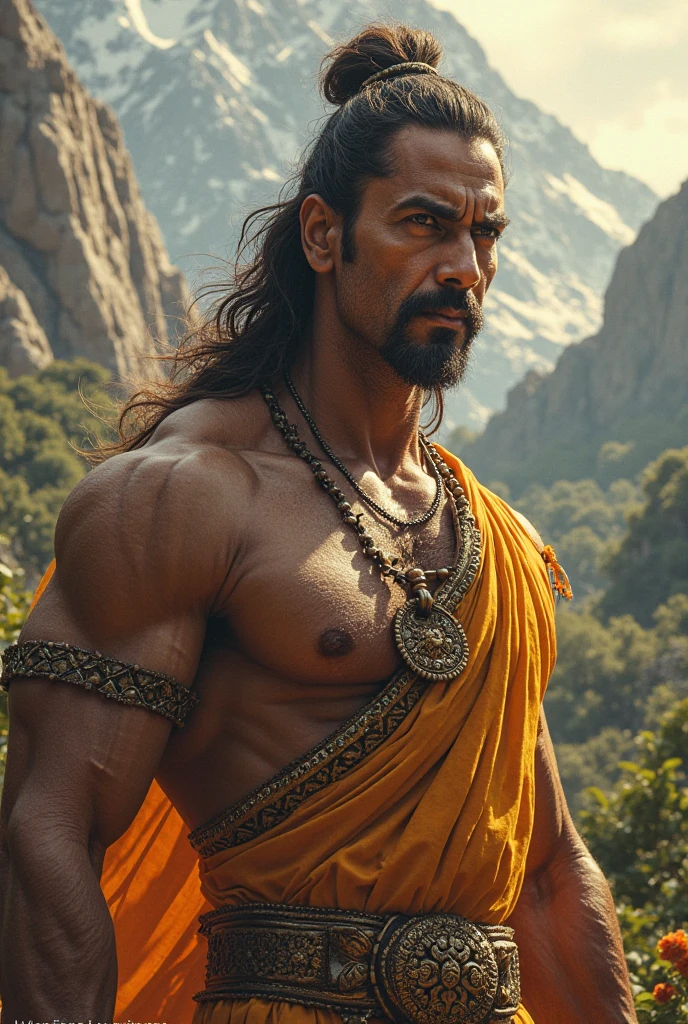 Create a hyper-realistic, ultra-high-definition (8K), 300 DPI close-up image depicting Lord Hanuman in silhouette standing on a cliff, facing the viewer. The background should be a saffron hue with a rising sun. Lord Hanuman should be portrayed with flowing robes and his tail visible, emphasizing his majestic presence. Additionally, ensure there's a glowing saffron tilak on his forehead, adding to the divine aura.