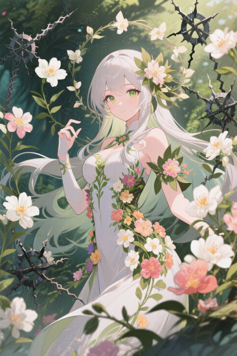 Beauty God，mediating，Dignified，White color hair，Dark green pupils，Plain white long dress,Green leaves and white flower heads，detail in face，The cleavage protrudes，Small breasts，Wallpaper phone