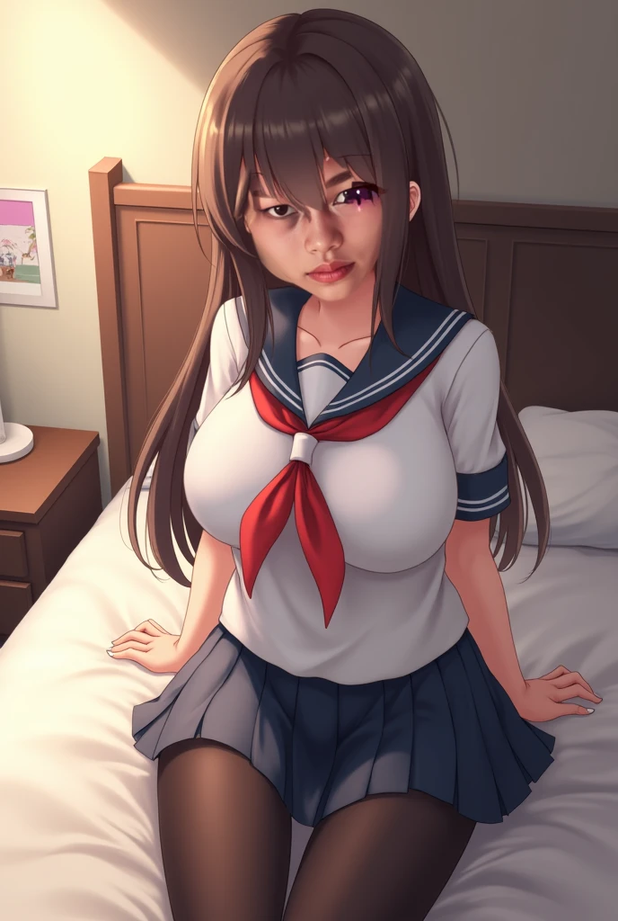 NSFW, 1 woman, (solo:2.0), (orgasm:1.4), (crying:1.2), clenched teeth, drooling, steam from pussy, glowing eyes, best ratio four finger and one thumb, (Nipples:1.5), (spreading pussy, Pubic hair), clear pussy juice, (Open legs), Large breasts, cleavage, (sitting on a bed with one knee up), Green eyes, (Crop Top shirt), (Sailor uniform only for the upper body), (white short shirt), (red ribbon tie), Navel, blue sailor collar, (Sheer Micro Mini Skirt), spreading pussy, black high-heeled shoes, side ponytail