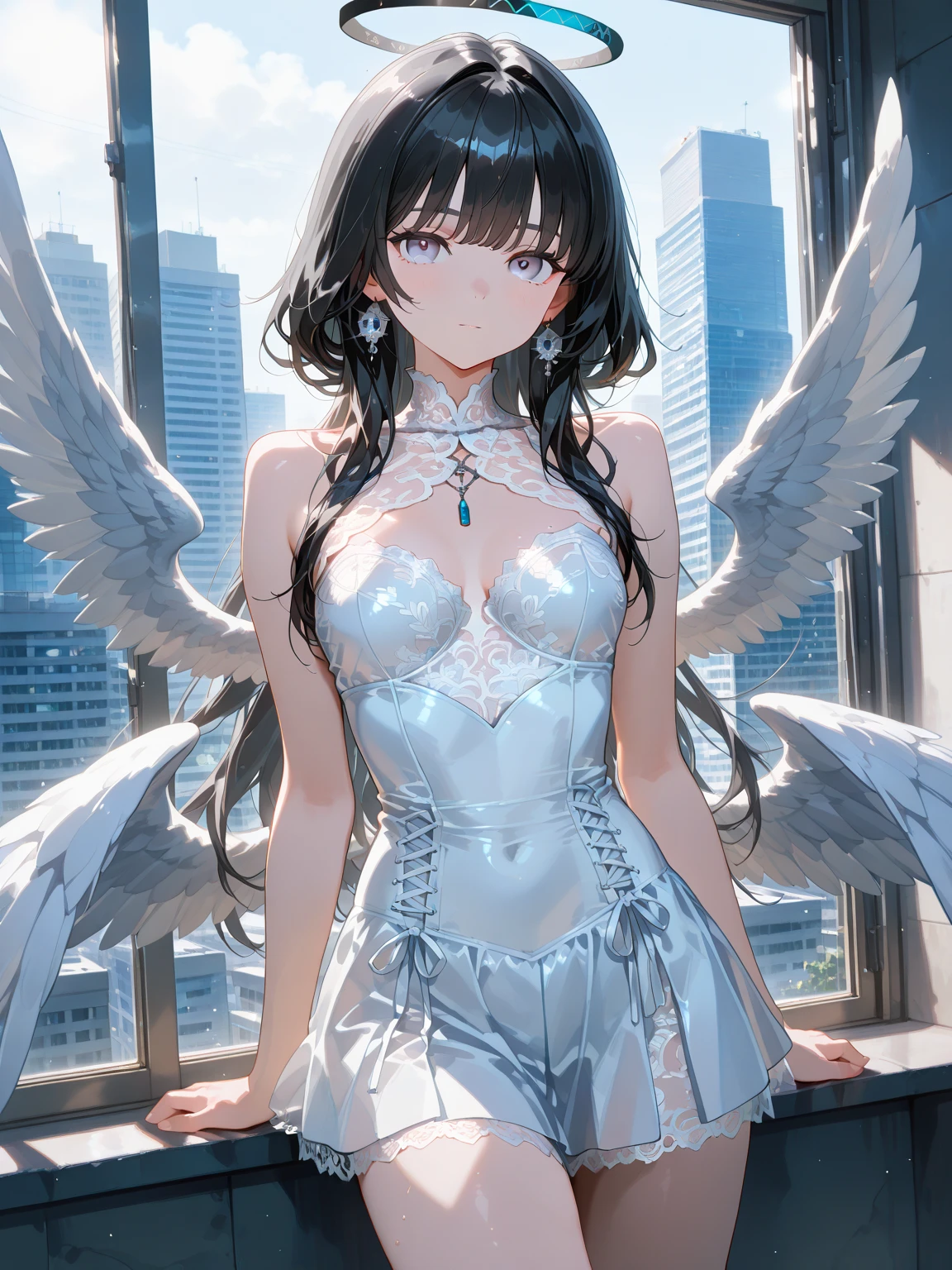 Highest quality,Highest Resolution,Smiling beautiful girl in maid leotard,Big angel wings on his back,Halo,High leg,Frills,Very beautiful eyes,front,whole body,Bedroom,Standing posture,Spread your arms out to the sides,Thigh-high stockings,Night view outside the window,