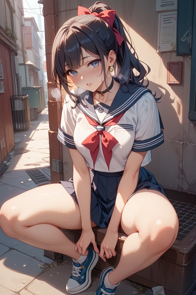 (masutepiece:1.2, 8K, top-quality), (Realistic, Photorealistic:1.4), ultra-detailliert, 
Looking at Viewer, Looking away, Full body,
1 girl, Japanese, High School Girl, light brown hair, (Long hair:1.4), (Side Ponytail:1.7), skinny, Middle chest,
Beautiful face, Beautiful detailed eyes, Beautiful ears, Beautiful body, Beautiful chest, beautiful thigh, Beautiful legs, 

(Kawaii School Uniforms(Kawaii School Uniforms:1.5), (The navel is slightly visible:1.1), White skin), high-heels, animal collar,

Park, Sitting Park Bench, Parklight, 
(Ahegao, Ashamed, Scared, Crying, full of sweat, Drooling, Tremble, Open your mouth wide, Make a loud voice), 
(((Hentai Rope Bondage, (brown Rope), Shibari:1.6, Rope Mark, ((arms behind back:1.4), Breast Bondage:1.5, Arm shackles:1.5, crotch rope), Wet crotch:1.5, Gets wet underfoot))), 
(Beautiful scenery), (((mid night), Rain:1.8, rainy, Wet body)),