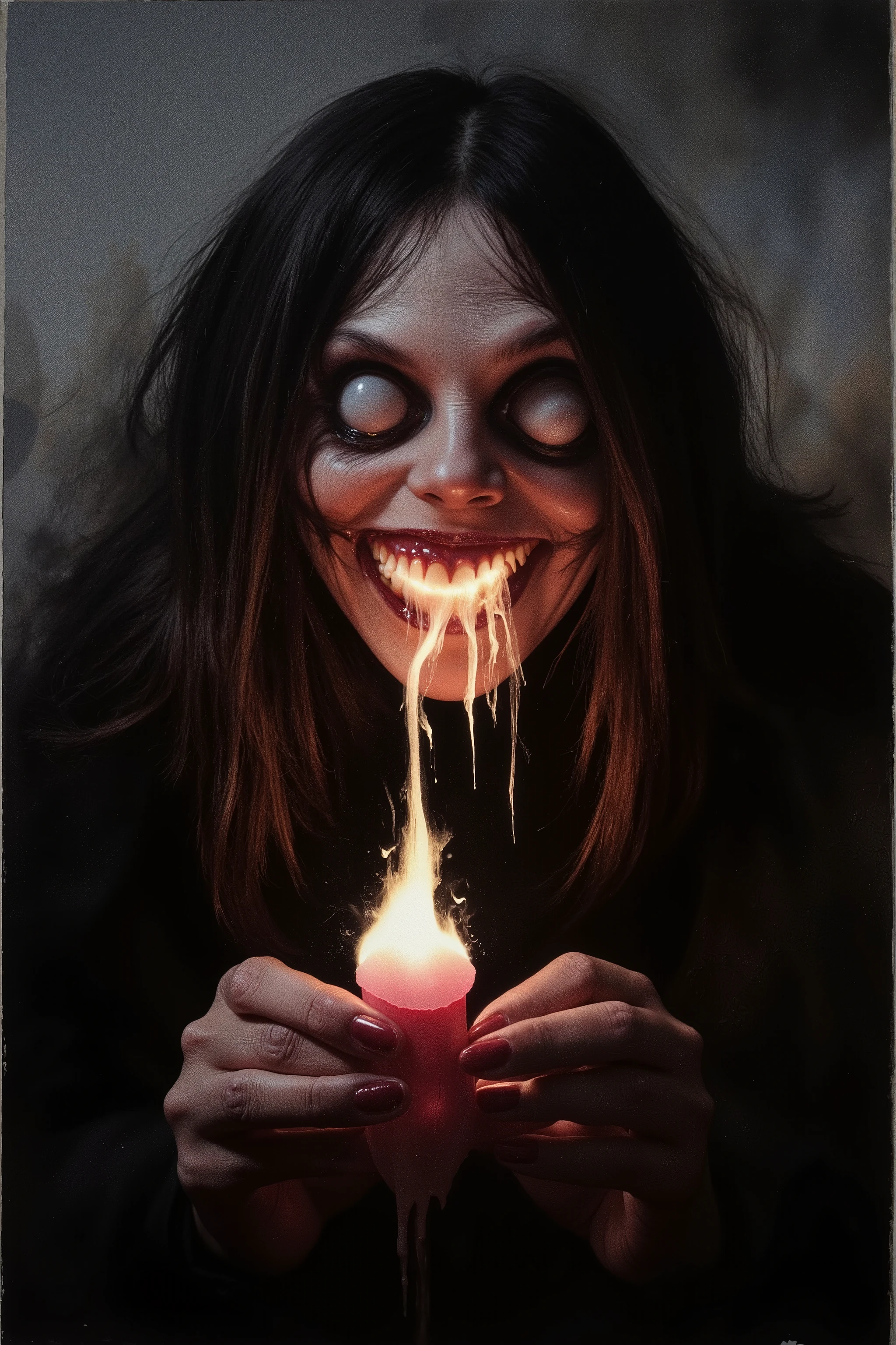 a 2000-year-old witch from the future with long black hair, glowingmagic gemstone glowing brightly in her hands cutting the darkness all around her,, gloomy atmosphere, dramatic lighting, cinematic composition, evil fantasy art, highly detailed, intricate details, chiaroscuro, moody color palette, gothic style,oil painting, Masterpiece