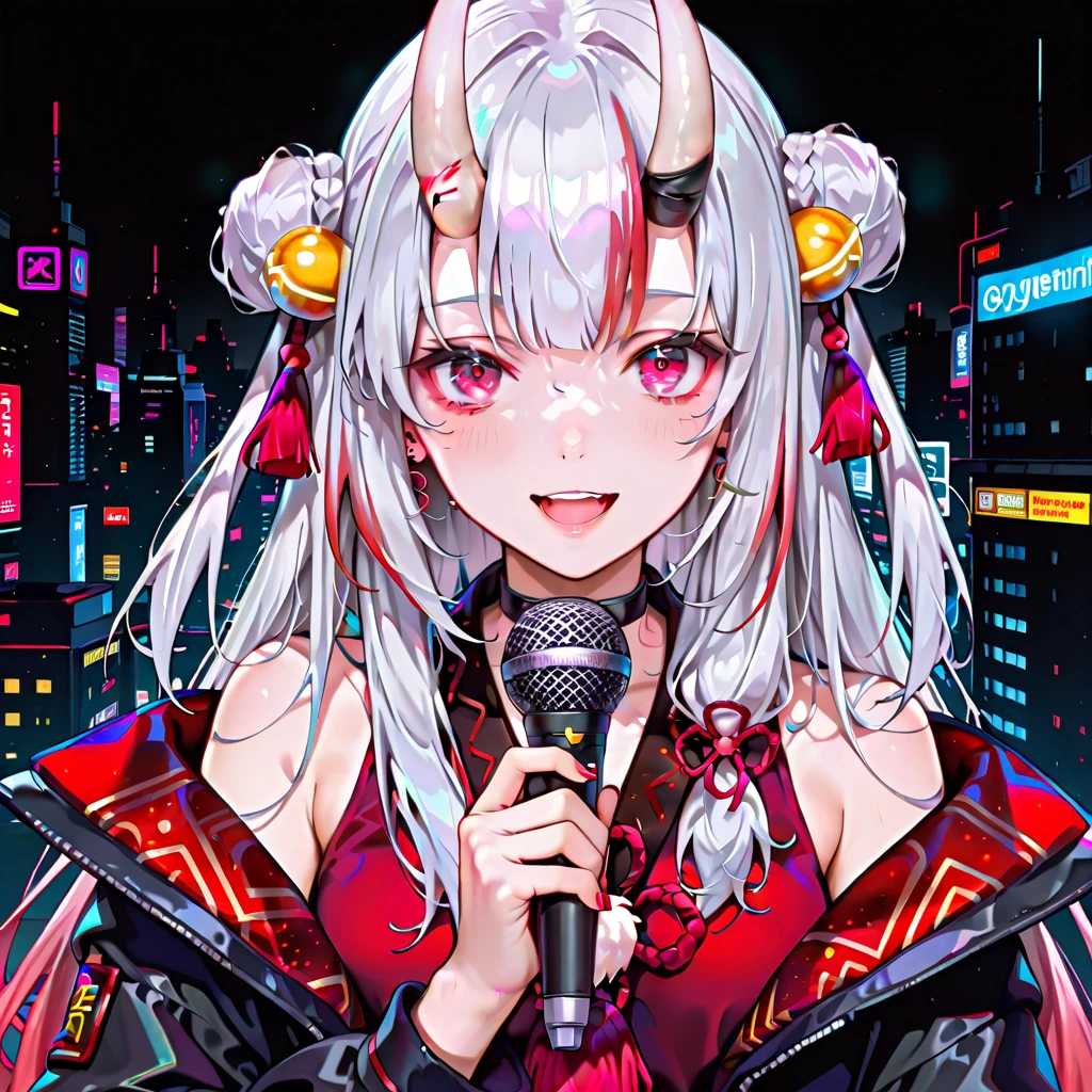 Cyberpunk Background, 
"Nakiri Ayame" holding a microphone