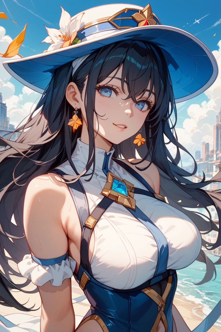 masterpiece, best quality, ultra detailed, illustration, 1 girl, blue hair, long hair, large breasts, blue eyes, beautiful detailed eyes, delicate beautiful face, smile, bard costume, bard hat, (arms behind back), outdoors,