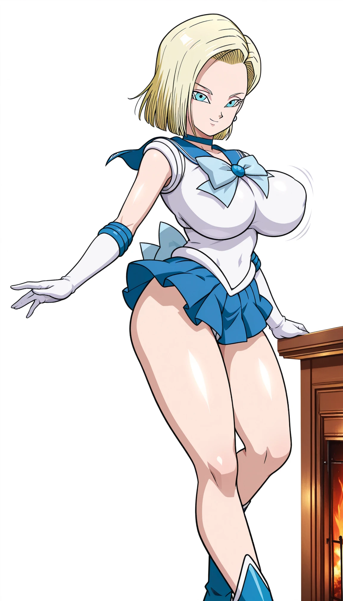 Tanya Degurechaff, makeup, pink eyeshadow, red lipstick, yellow hair, Sailor Mercury hair, ponytail, short hair, mini skirt, beautiful, (masterpiece:1.2), (best quality:1.2), perfect eyes, perfect face, perfect lighting, 1girl, cropped legs, curvy, Sailor Mercury outfit, exposed midriff, white croptop, Chest bow, Tiara, long gloves, White Thighhighs, choker, hand on hip, huge breasts, smile, solo, thick thighs, Point of view from below, Can be seen under mini skirt, Exposed panties, showing panties and super tight thong