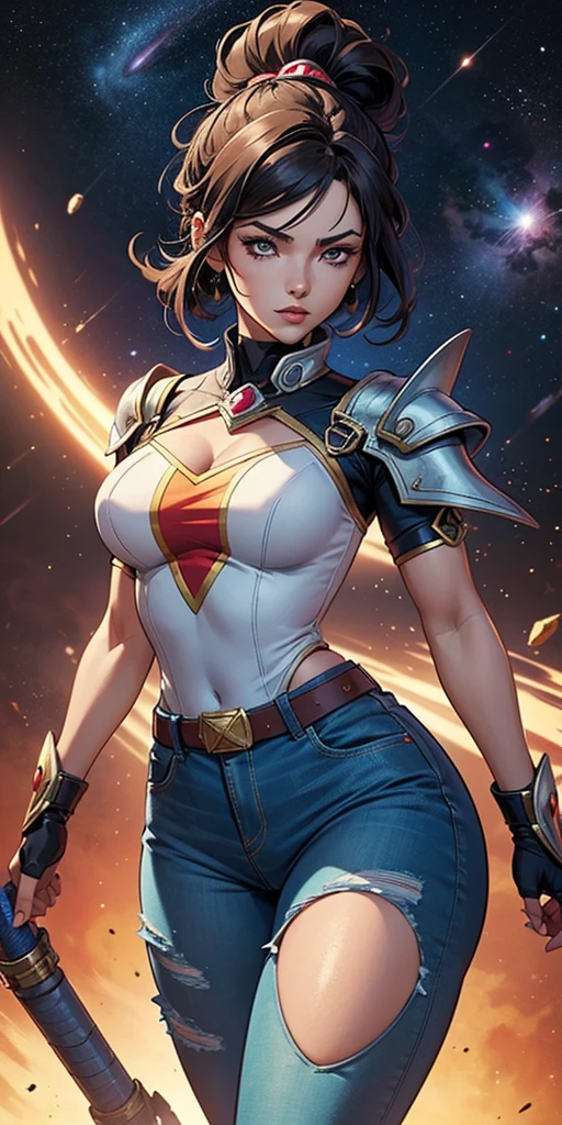 Vegeta in sexy woman version, dragon ball Anime, cuerpo muy delgado, skinny body, small and beautiful breasts, small and beautiful buttocks, armadura saiyajin antigua clasica muy sexy, provocativa, perversa, obsena, cabello radiante, en fondo se observan planetas destruidos, espacio, poderosa, light particles, light energy, Energy ball, aura de energia brillante, intricate details, vibrant colors, dramatic lighting, cinematic composition, photorealistic, award winning illustration, masterpiece