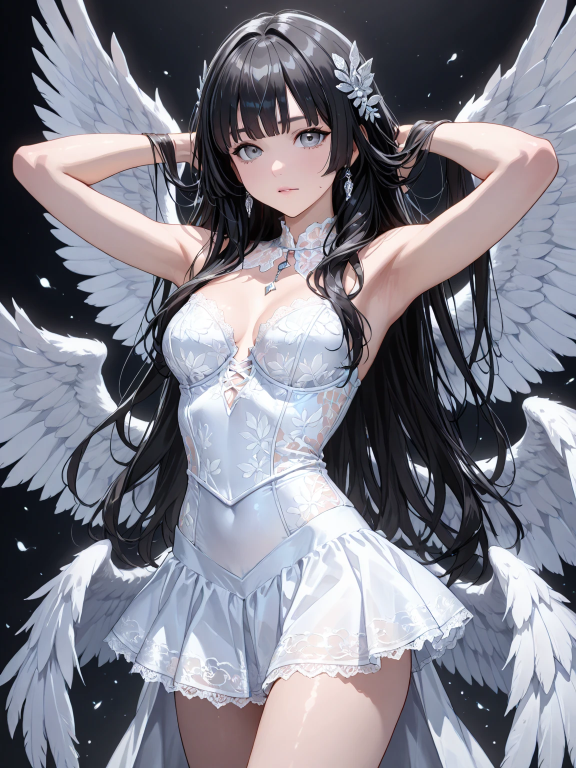((masterpiece)),((highest quality)),((Anatomical)),((Realistic)),((Detailed Description)),((Thin depiction)),((cute)),((女の子のcute部屋)),(((fallen Angel))),((Beautiful eyes)),((Baby Face)),((Petite)),((Bewitching Smile)),((Jet-black wings)),((Pure white one-piece dress)),((skirt)),