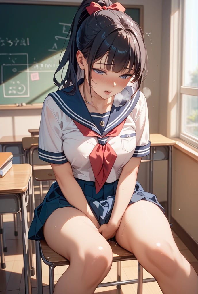 ((((Sexually seducing junior high school girls))))、((((12-year-old girl))))、(((Small breasts with bulging bulge)))、(((A small amount of pubic hair starting to grow)))、((Close up on breasts and pussy))、((Highest quality)), ((masterpiece)), (detailed),Japanese、Erotic、、Black Hair、Japanese Classroom、Open sailor suit、Just a little bit of love juice、Bashfully bashful、blush、Long Sailor Skirt、ponytail、