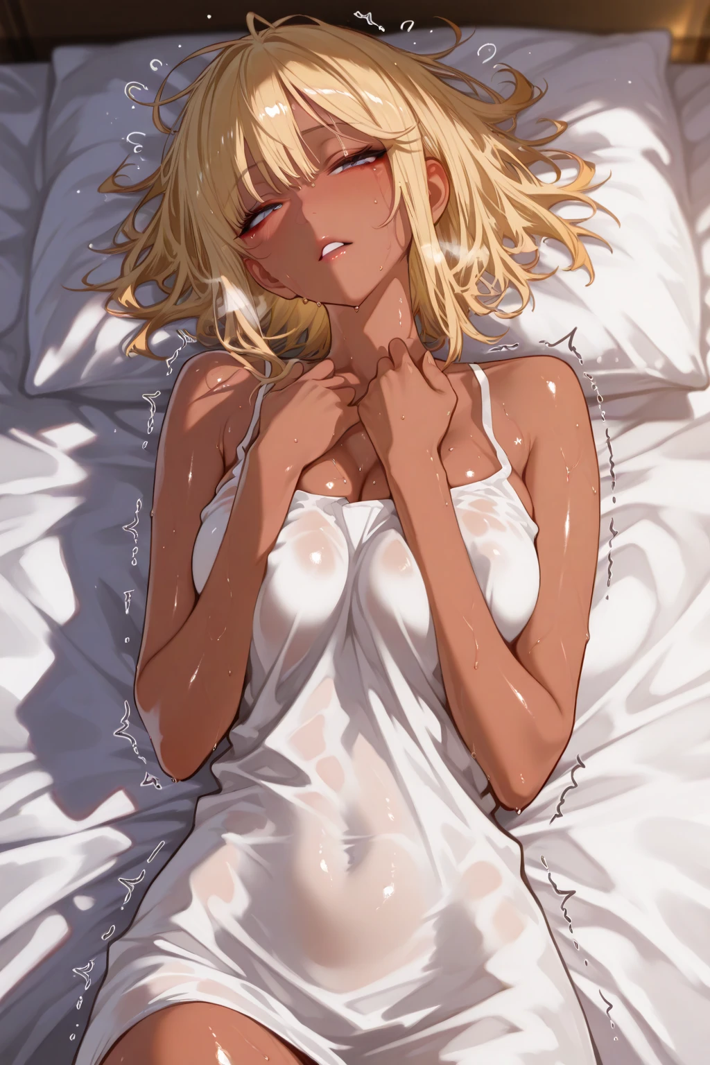 {{{10 years old girl}}}, blond, dark skin, pony tail, short hair, small breast, erectile nippres, sleeping, lying, closed eye, portrait, realistic, camisole, camisole lift, ((bare breasts)), sexual fluids, sidelighting, wallpaper, nsfw, {{{vulgarity}}}, spread vagina,((trembling)), (((cum in mouth, cum in pussy, cum on body, cum on breasts, cum on hair, cum on waist, excessive cum, pussy cum))), {{{perfect anatomy}}}, ((best quality))