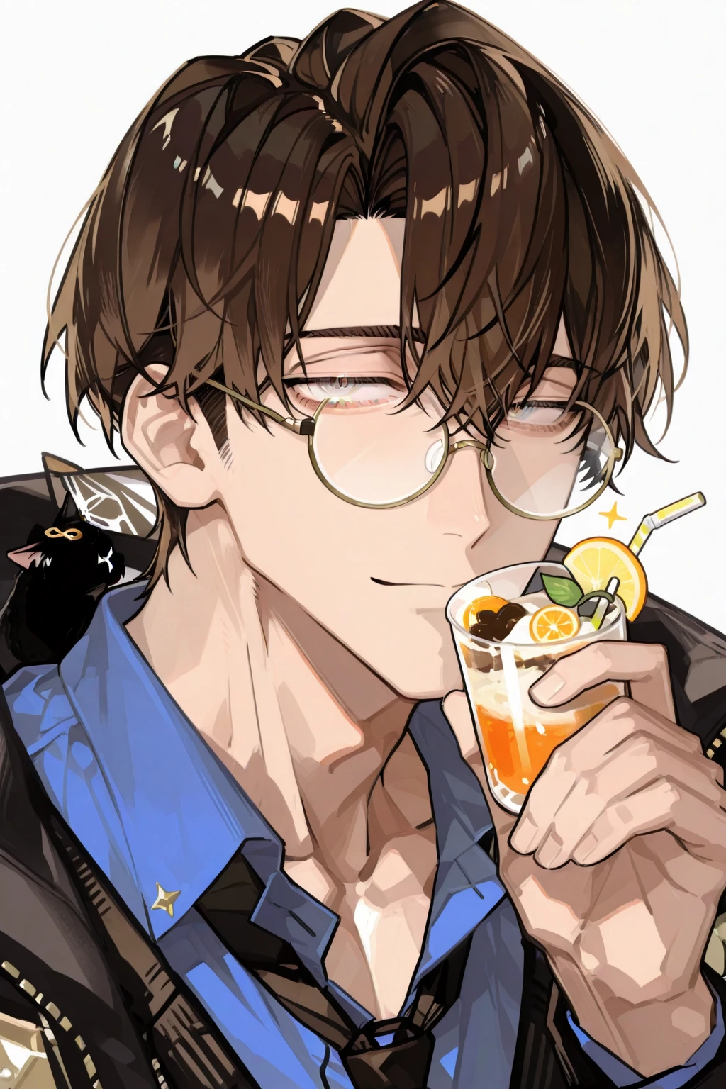 Manga cover style, detailed.
best quality, art, detailed face, in the style of lora marvin.
(26-year-old man) (young intellectual) (unkempt and authentic appearance) (messy dark brown hair) (wears thick-rimmed glasses) (1.74 m tall) (His skin is pale) (dark circles around his eyes ) (black clothes) (small scar on the left eyebrow) (smoking a cigarette) (in the other hand an alcoholic drink)
(The background is a night bar)