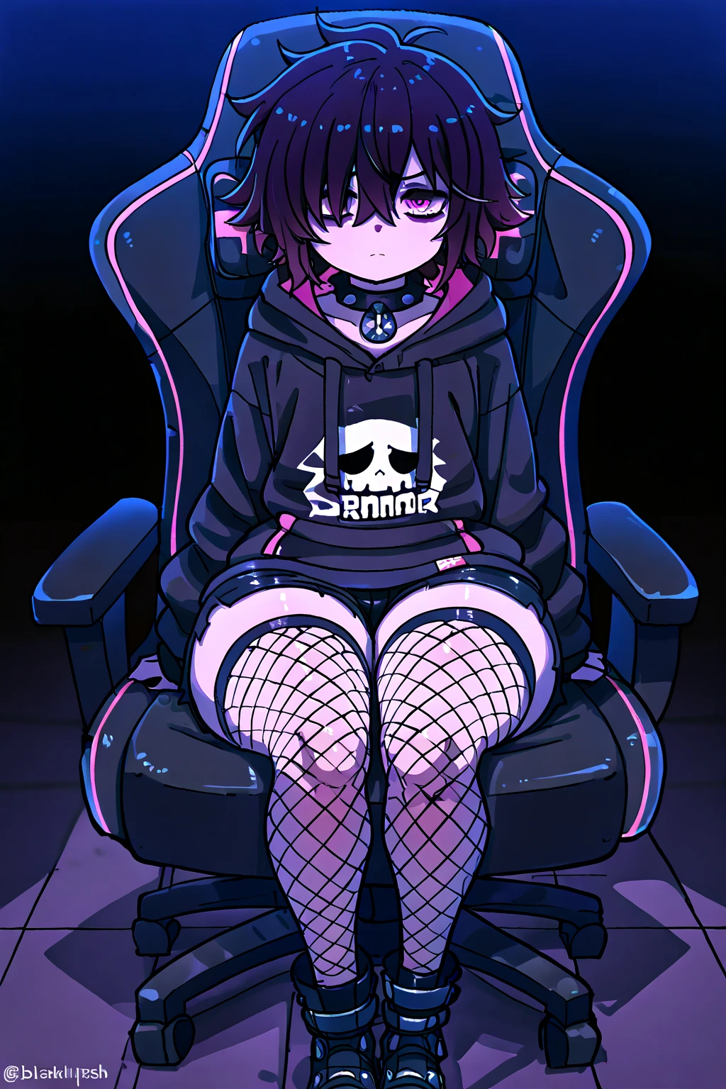 Adult, Female, Black hair, pink eyes, goth girl, gothic, goth clothing, goth make up, thick thighs, medium chest, annoyed, disgruntled, sitting in gaming chair, gt racing chair, black and white chair, bedroom, gothic bedroom, aesthetic bedroom, Masterpiece, Accurate, Anatomically Correct, Best Quality, High Details, Detail, Super Detailed, Best detail, Perfect detail, Amazing detail, [-3, 3], perfect hands, best hands, best fingers, perfect fingers, perfect body, best body, amazing body, Looking at viewer, front facing, upper body shot,