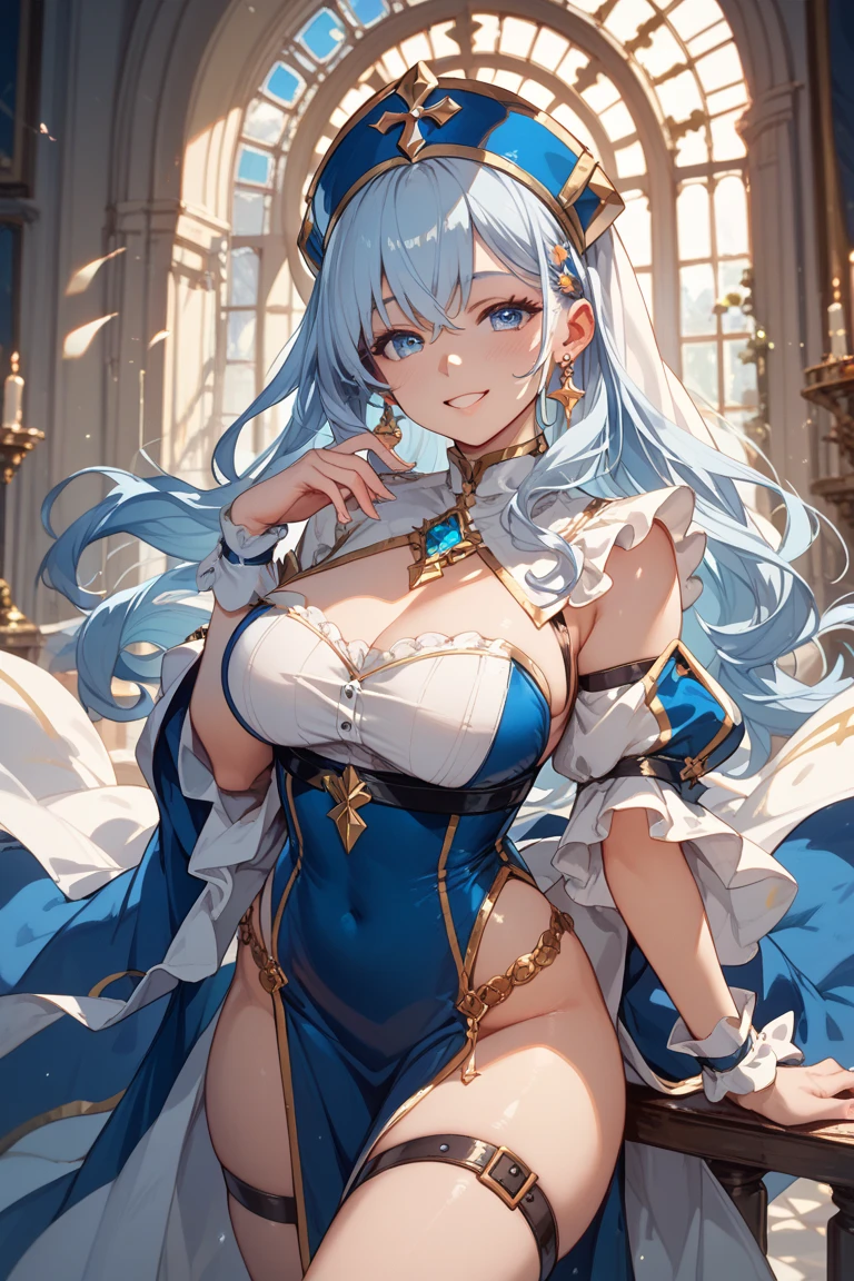 (masterpiece), best quality, expressive eyes, perfect face,1girl,furina,genshin impact,palace,night,castle wall,mirror,big breasts,blush,cleavage,cat girl,cat ears,cat tail,cowboy shot,strapless idol dress,bare shoulders,detached sleeves,navel,cute top,cute fluffy skirt,layered skirt,showgirl skirt,paw pose,happy,excited,spoken heart,standing