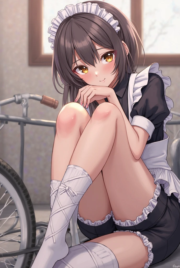 (masterpiece),maid,apprentice girl,sisters,black hair,small breasts,cotton polka dot panties,Gothic Long Skirt,sit,squat,Natural light, realistic, diffused light, look up from below,vapor, (lift skirt), (urinate,leakage, Pigtails,Thighhighs,Ankle-length long dress,drawers,embarrassing red face,,in front of the flower bed in the garden,satin fabric,,Silk Fabric,