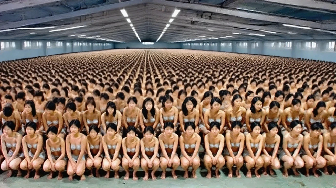 the image shows a TV interview, on a TV panel, with three 13-year-old young girls, thin and very beautiful, ((standing)), totally naked, (nudity), and smiling, beautiful bodies, their pussies are slightly hairy.