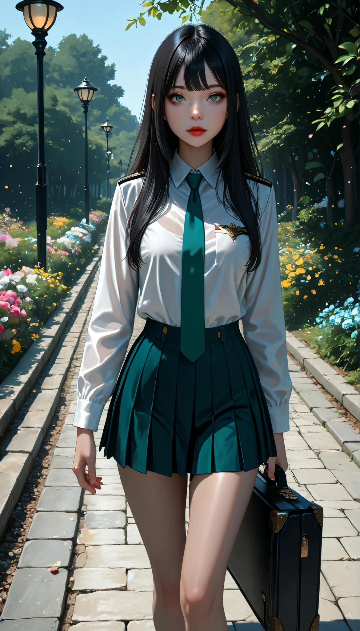 ((RAW Photo), Absurdres, (Absurd Resolution)), (Masterpiece, Best Quality), ((Hyperrealism, Photorealism)), (AI Fantasy), (Masterpiece, Highest Quality, Amazing Quality), (ultradetailed, illustration, aesthetics), (Lumine, bioluninicent light), (asian girl, pretty, very beautiful 23 years old), (beautiful girl, very pretty face), (long, straight, black hair), (realistic pupil, blue-green eyes), (makeup, red lips, mascara, eyelashes), (slim, medium height, shapely), ((perfect curves, uniform, pleated miniskirt, white blouse, tie with a flower, black thighs)), ((standing, slightly bent leg, briefcase on the ground)), (intricate path, globular lamps on poles), noon, (Cinematic shot according to the angle). «SunPuma S»