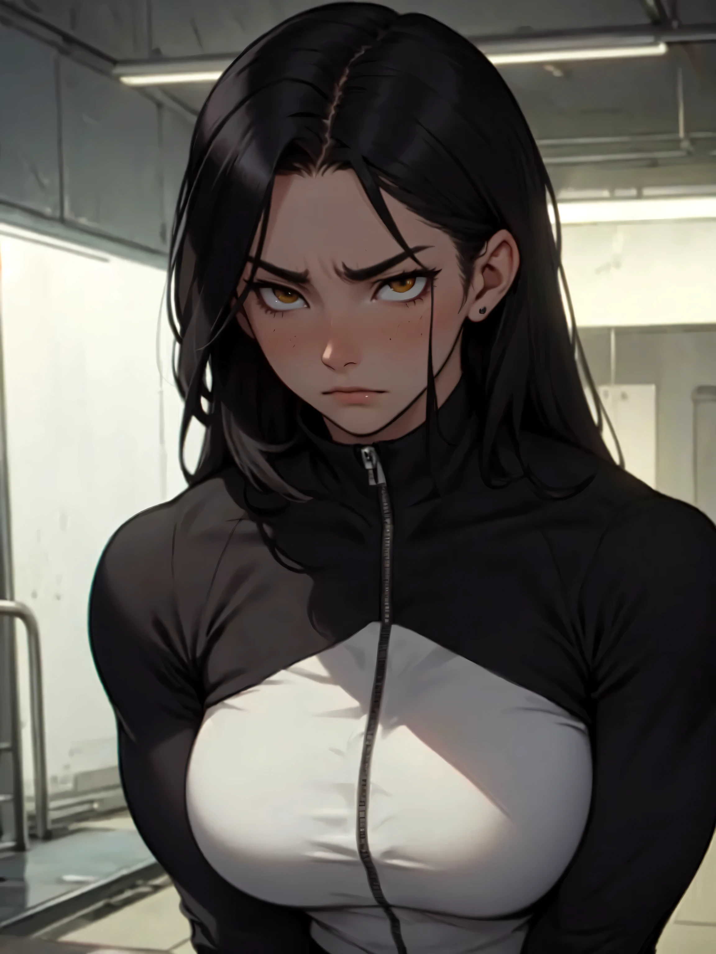 1girl muscular pale skin black hair yellow eyes black against wall  sad expressionless tight shirt leggings thick thick thick thick muscular muscular muscular muscular muscular girl dark atmosphere sad expressionless