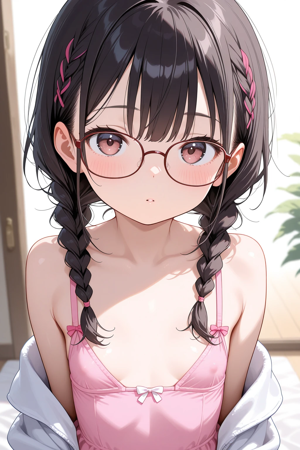 ultra-detailliert, Best Quality, High resolution, ((A petite, black-haired girl with a large face and cute droopy eyes, who wears round glasses and looks up.))、Pretty eyes、Detailed eye depiction、Eye sparkle、Looking at Viewer, pale skin、(((Petite)))、(flat chest:1.4), (blush:1.2), （big eye:1.4）, a smile, In the park where cherry blossoms dance, Focus on the face, Long hair、On all fours、　((super close up of tongue))、(((from below))), open_mouth, (((face only))), ((naked)), nsfw, drooling, hyper sweat