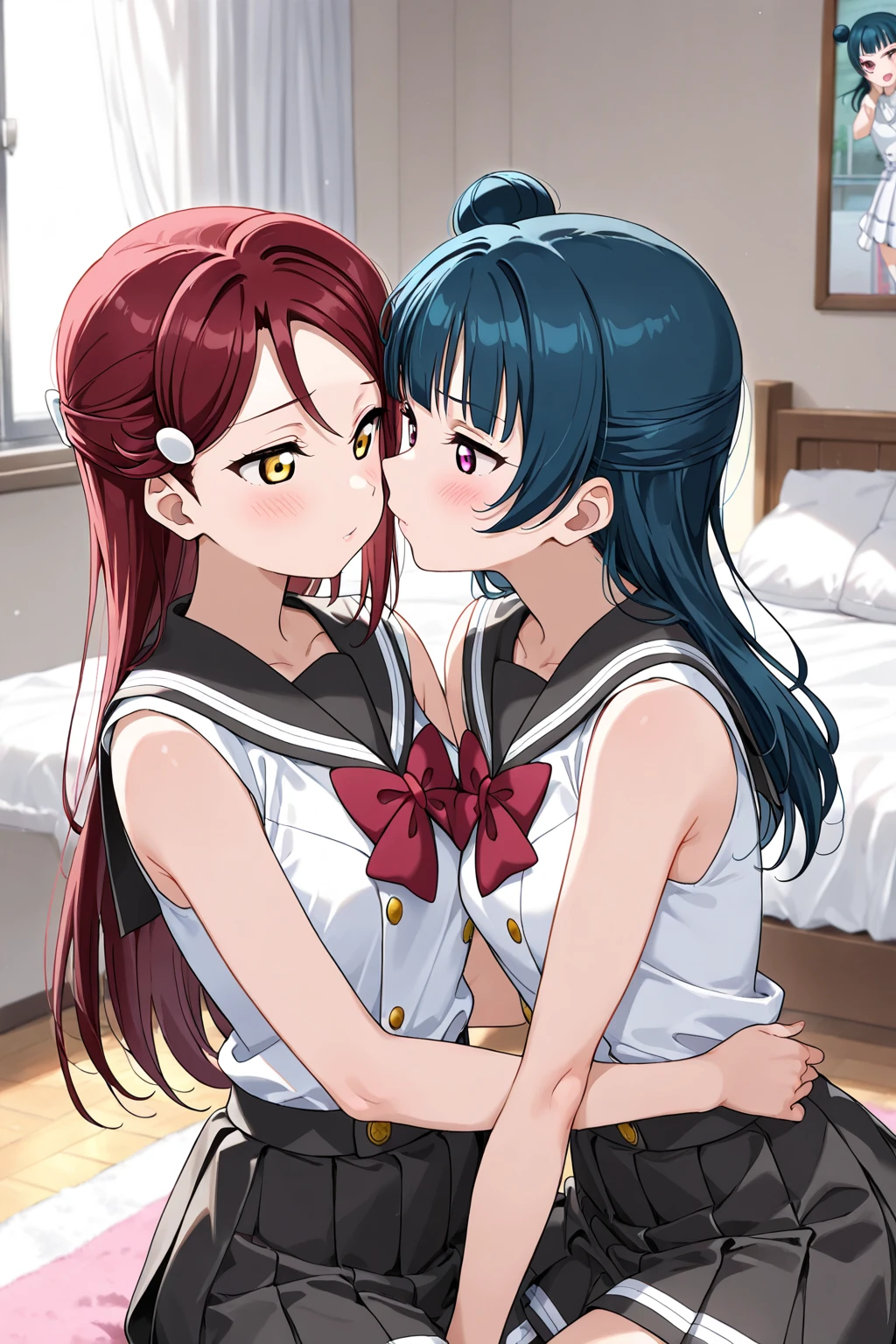 (masterpiece, best quality, ultra-detailed, high resolution, detailed eyes), takeda hiromitsu style, {{{2women}}}, school girl uniform, pet collar, french kissing, looking at each other, hugging each other, (blushing:1.2), (tongue out:1.2), (drool:1.3), breath, in heat, orgasm