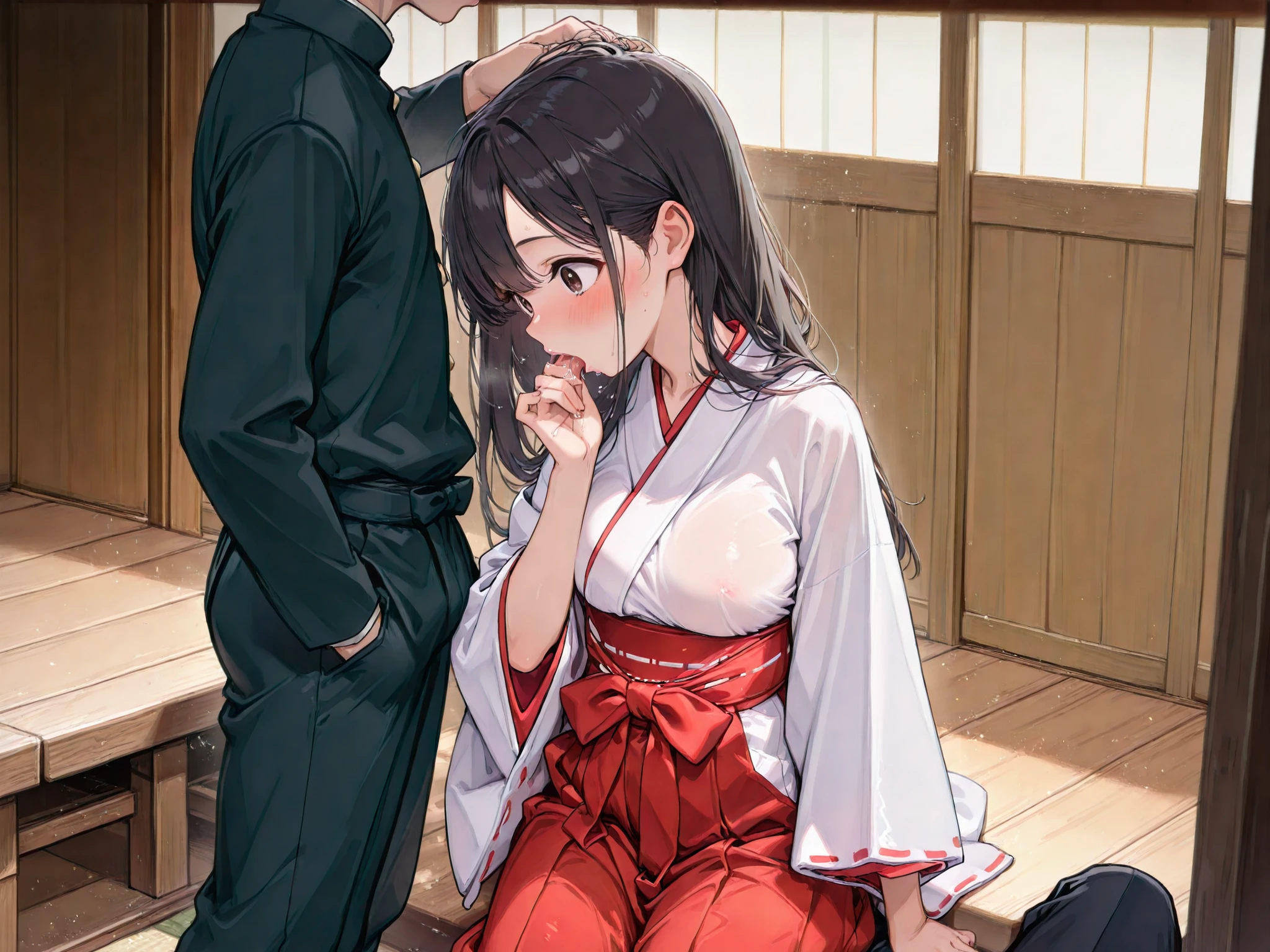 red hakama,miko,jyojifuku,A woman dressed as a shrine maiden long black hair make your whole body visible Roll up the hakama fellatio male genitals Women are feeling sexually