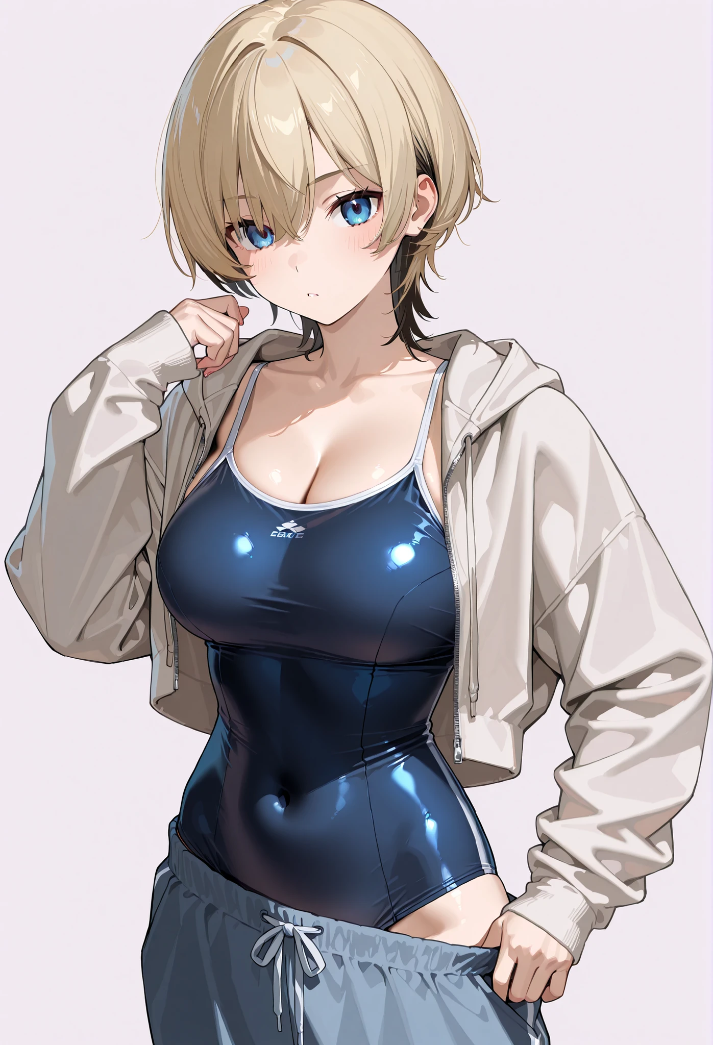 (((masterpiece, best quality, ultra highres, 1 girl, solo, white background))), super detailed skin and face and eyes and finger, cute japanese woman, small breasts, skinny, light brown hair, very short hair, knee shot, white background, 2D anime, boyish, expressionless, cartoon, Various poses, Please draw the entire character within the frame, ensuring that the head, arms and legs are not cut off, with the character positioned centrally, expressionless, nipples, female genitals visible through tight clothing, Sheer clothes, one-piece swimsuit, sitting, spread legs,