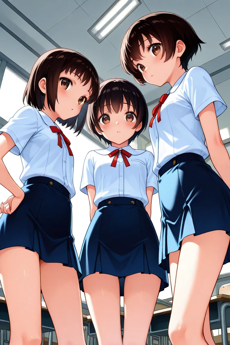 Three happy girls were sitting on the stone steps, Take a full body photo、Have fun and laugh、She was wearing a white blouse, バンズ sneakers, Red checked skirt、白いsneakers, Black Hair, detached houses, Flowers,Happy girl with round face, Big eyes, Long eyelashes, Full-body display、Detailed Private Parts、Hairless、Detailed female genitalia、Spread your legs、真From below、I see your white pants、Highest quality, Ultra-high resolution, (Realistic: )2D official style cel animation,((Like Hayate!three girls sitting in a row。))mini skirt,Summer Shirts,(Lace panties),loose socks,sneakers,Full body portrait,(From below),Station stairs,sunny,Troubled face,Spread your legs,(((Sexy see-through lingerie for women,Shiny bodysuit,Smooth and silky clothing,Trimmed combination,Lace Stockings,Erotic leash,pajamas))),