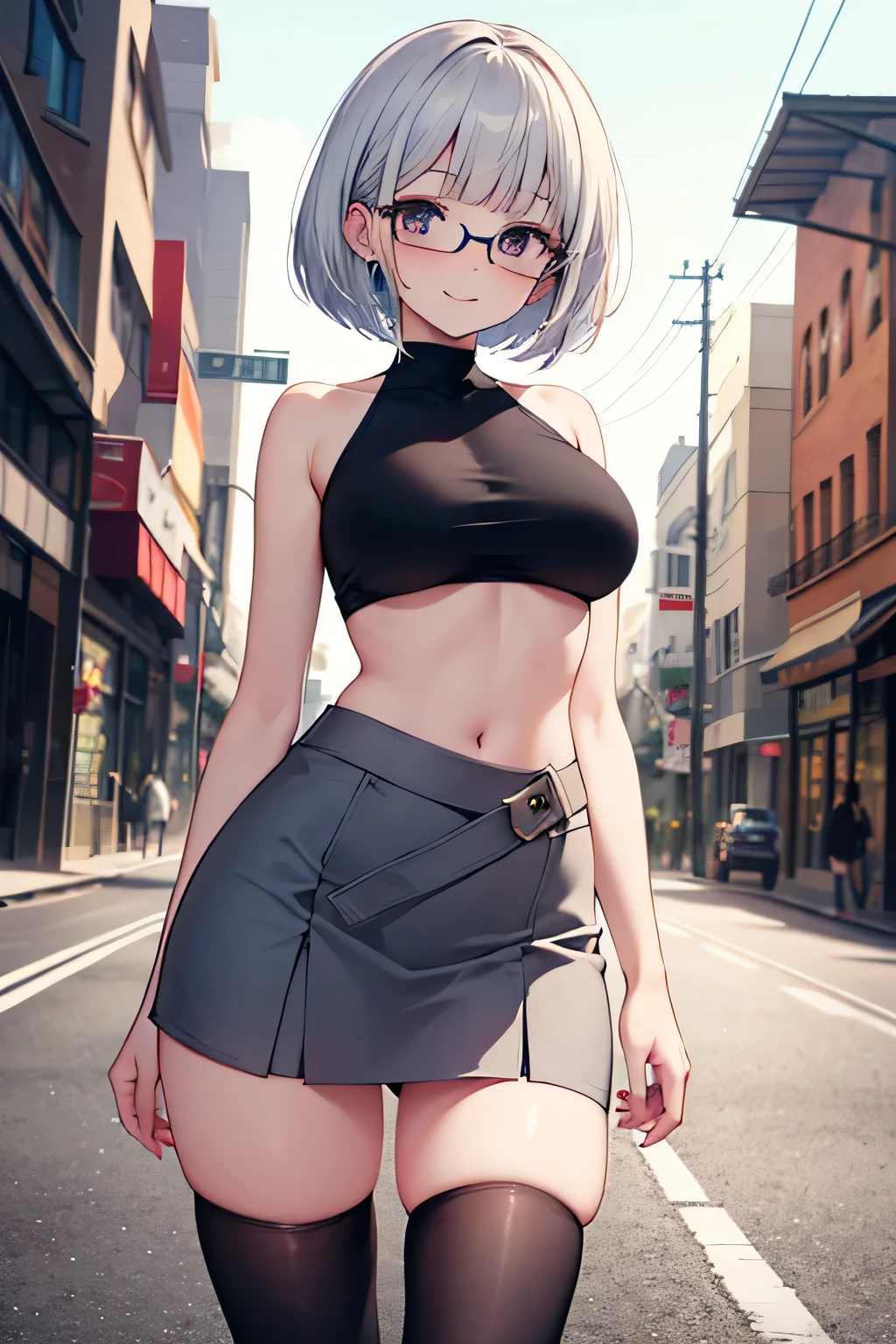 masterpiece:1.2, best quality, (ultra detailed), (highly detailed:1.2), (1girl, solo), pov, bea pokemon, black hairband, (dark-skinned female), hair between eyes, grey hair, short hair, solo, grey eyes, looking at viewer, large breasts, dynamic standing pose, outside house, house background, distant ocean background, skimpy white dress, skimpy pleated skirt,