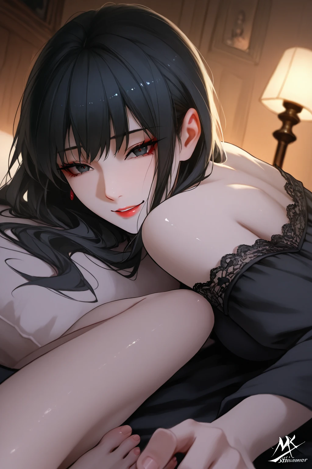 {{masterpiece, best quality, extremely detailed CG, unity 8k wallpaper,ultra resolution}},Award-winning photography,(best illumination,Very Delicate and Beautiful),{one girl,solo}, (detailed background), gothic bedroom, goth, gothic, Vampire, emo, heavy black makeup, gigantic breasts, laying on her stomach, laying on bed, imminent blowjob, fellatio gesture, cum in mouth, open mouth, cum, red chest tattoo, milf, black hair, glowing red eyes, heavy black makeup, black makeup, runny makeup, black lips, big lips, shaking, trembling, heart, hearts, ahegao, big eyes, black fishnet lingerie, chest tattoo, twin ponytail, long bangs, fishnet body suit, heart earrings, black jewelry, heart choker, runny mascara, smudged lipstick, huge ass, ass in view, butt lifted,