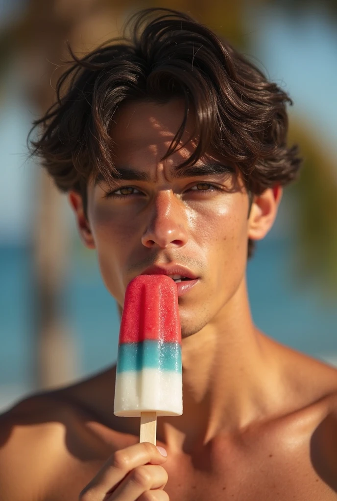 A young man, Beautiful, handsome, skinny, beautiful white face without shirt, ice cream server with pink hat on the beach and an ice cream parlor behind holding ice cream