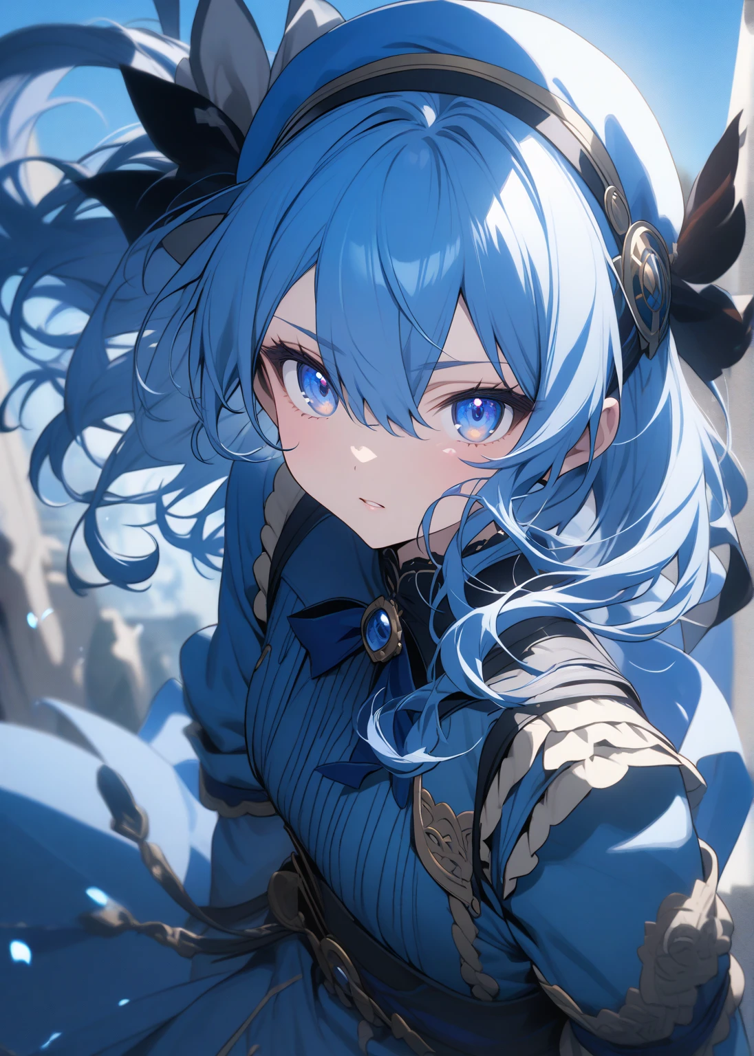 masterpiece, Best quality, Blue dress, Dark alpine forest, standing, night, Looking up, Upper body, detailed face, anime