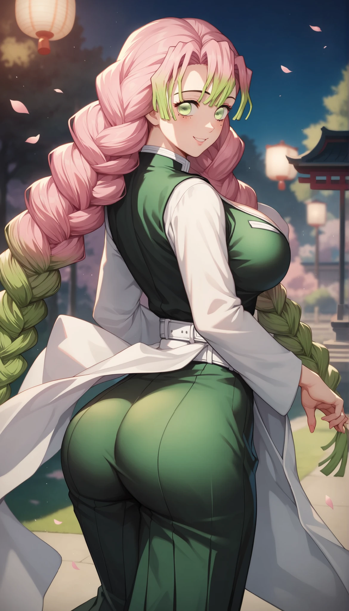 beautiful, (highest quality, masterpiece, Super detailed: 1.5), perfect lighting, shiny, hire, nature, cobblestone, vapor, blue sky, far away, whole body, face focus, 1 girl, Mitsuri (Demon slayer), beautiful girl, beautiful face ((Mitsuri (Demon slayer))), a girl with long green-pink gradient hair and green eyes in a long-sleeved jacket with a neckline, White haori, a black skirt with a silver belt and green striped hips, pink hair, green hair, gradient hair, colorful hair, long hair, bangs, double braids, green eyes, Demon slayer uniform, long sleeved jacket, White haori, black skirt, silver belt, Green striped thighs, blush, Sweat, realistic, chest, wide hips, (thick barbell: 0.9), low cut, Are standing, put your hands behind your back, Viewer's facial expressions, erotica