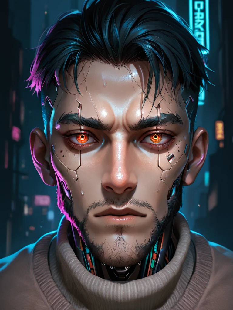 A dark angel of death in the range of 27 years of age, barbaric muscular stereotype, with demon horns(mechanical parts of a demonic angel: 1.5), fighting, gloomy glowing neon eyes, Nordic hair with demonic horns, tight supersuit torn, in a destroyed city, smoke and fire, aura of brilliant power, dynamic pose, dynamic vision, hyper detailed,  8k quality, with tattoo on the arm, demonic symbols clock on the headset, merge, hyper realism, with thorns coat of arms viking.Com gray goatee and gray hair, blood dripping on the face. Neo bright, neo lights on the phone, with angel wings behind