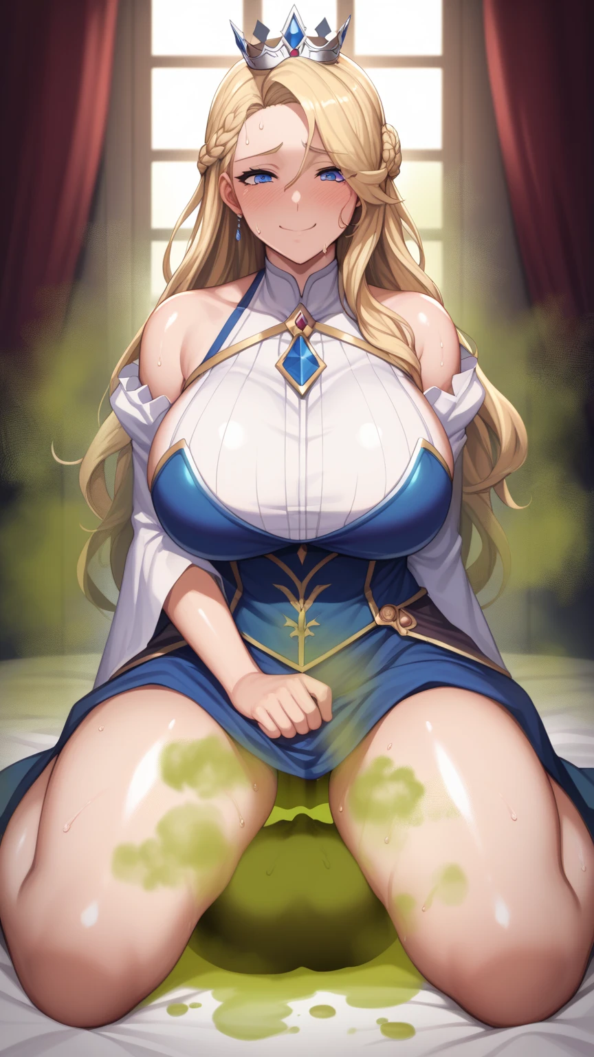 8k, RAW photo, best quality, masterpiece:1.2, 1girl,solo, curvy, blonde hair, blue eyes, blush, smile, :D,huge breasts, cleavage, breasts out, open clothes, nsfw, long hair, looking at viewer, white pantyhose, green and white dress, white gloves, vert_/neptune series/:1.3 1boy, 1girl, (((vulgarity))), (cowgirl position), sit astride, (girl on top), (straddling), hetero, trembling, humid, nipples, ass pov, (sex), penis, large penis, vaginal penis, pussy cum, pussy juice, sweat, (spoken heart), breast focus,