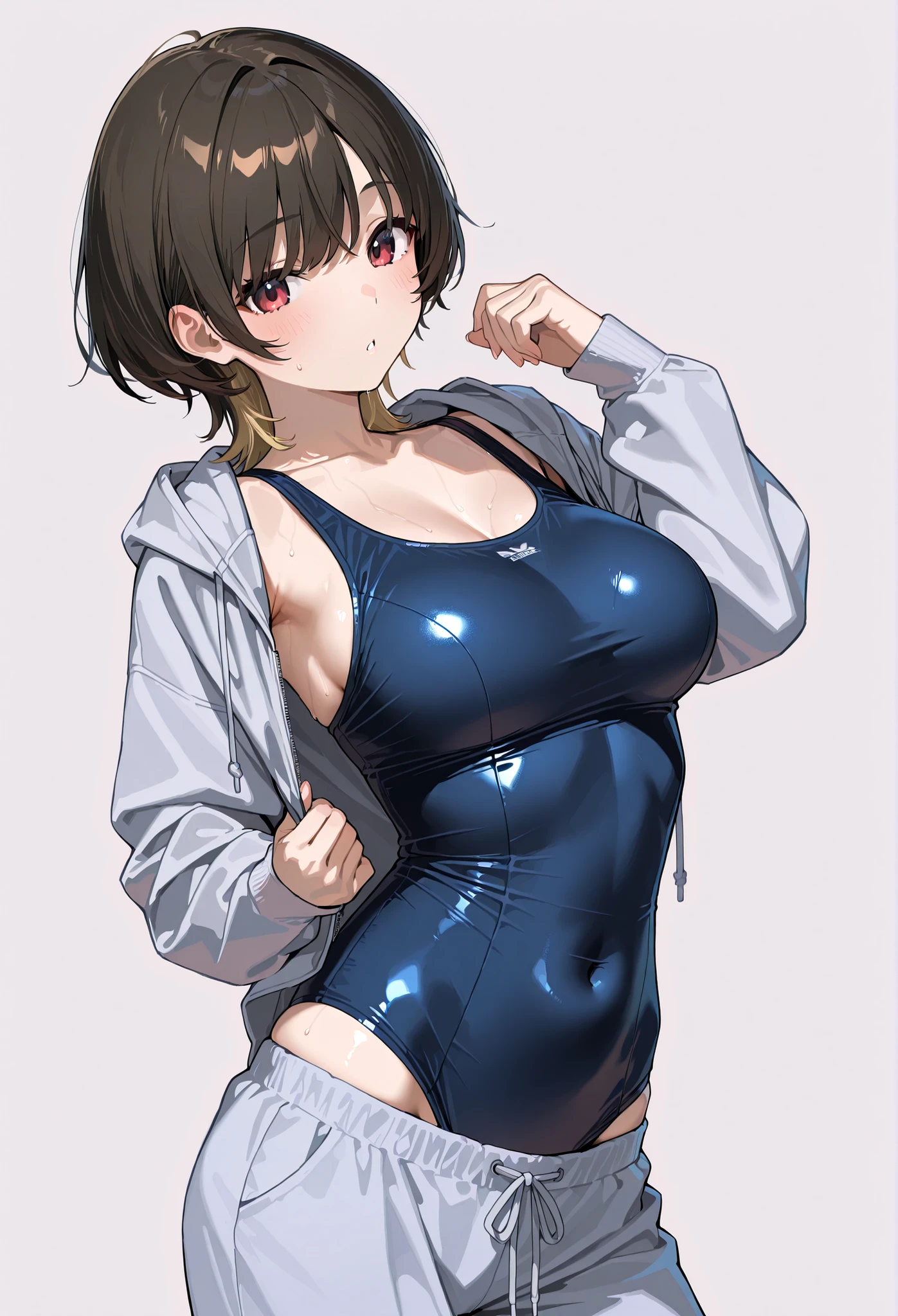 masterpiece, best quality, ultra-detailed, Potrait of beautiful , (chubby) (muscular), (plump), (sexly), (cleavage), ((tomboy)), (アニメ), (Breasts), (Plump), ((very short hair)), ((Uzaki Hana)), (overweight), (Gray Hair), ((Saggy breasts)), (blue eyes), (Short Hair), (blue eyes), ((thick)), (naked), (nipples), (Nude), (Smelly body), (Sweaty body)