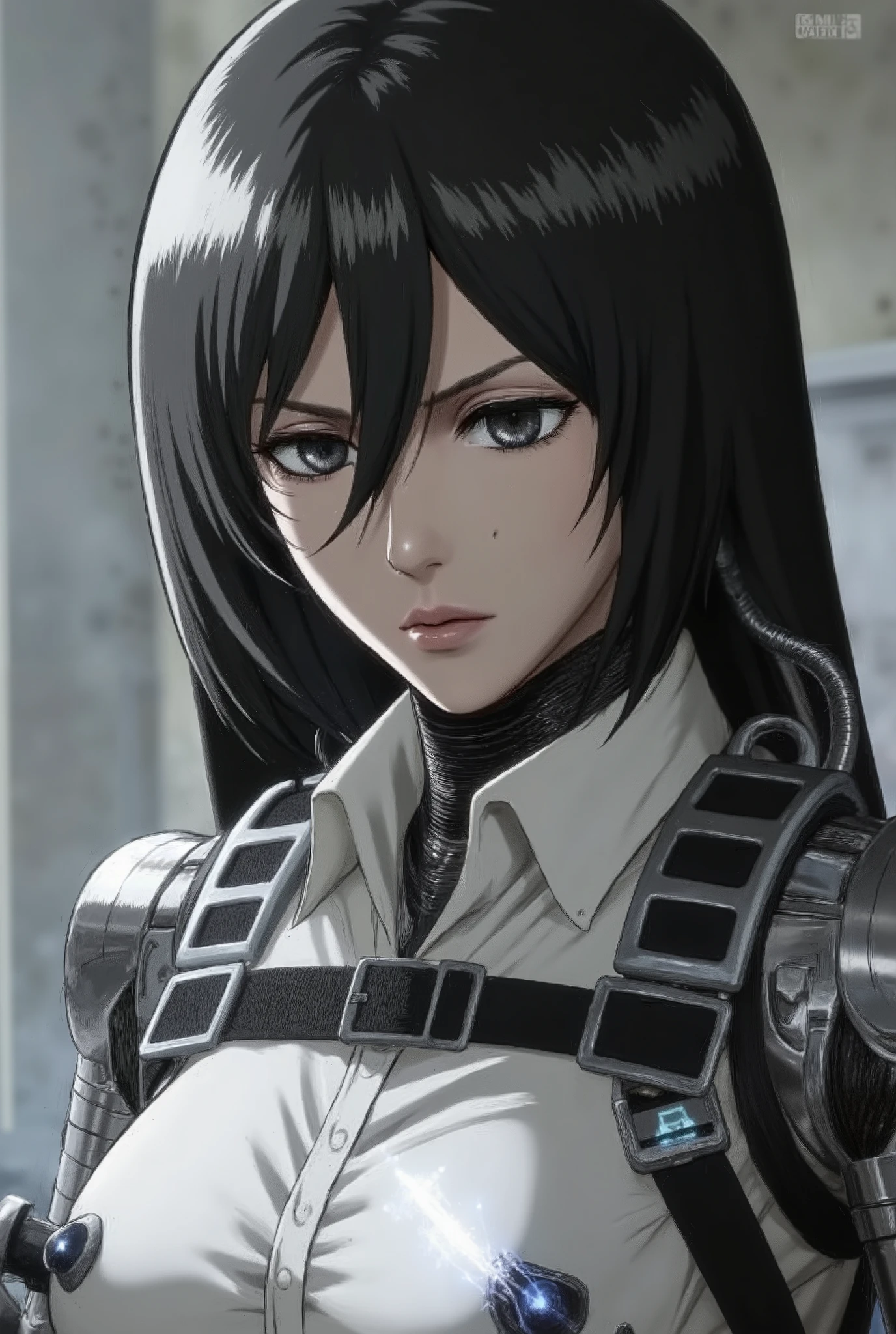 Mikasa Ackerman, cyborg, cyberpunk, mature female, shy girl, beautiful face, beautiful eyes, seductive eyes, large eyes, dark grey eyes, long eyelashes, sexy mouth, puckered lips, black hair, realistic skin, pale skin, European girl, a beautiful A female robot with hyper-massive wearing a lace nun's habit, ultra realistic.A female robot.glowing eyes like camera lenses, mechanical eyes,A cable is connected to the back of her head.She has milk-colored skin, machine hands, machine arms, machine legs, and
panel lines running down her body.The nominal structure of the machine is exposed.The entire body is damaged and leaking blue-white plasma sparks.damage, plasma sparks,