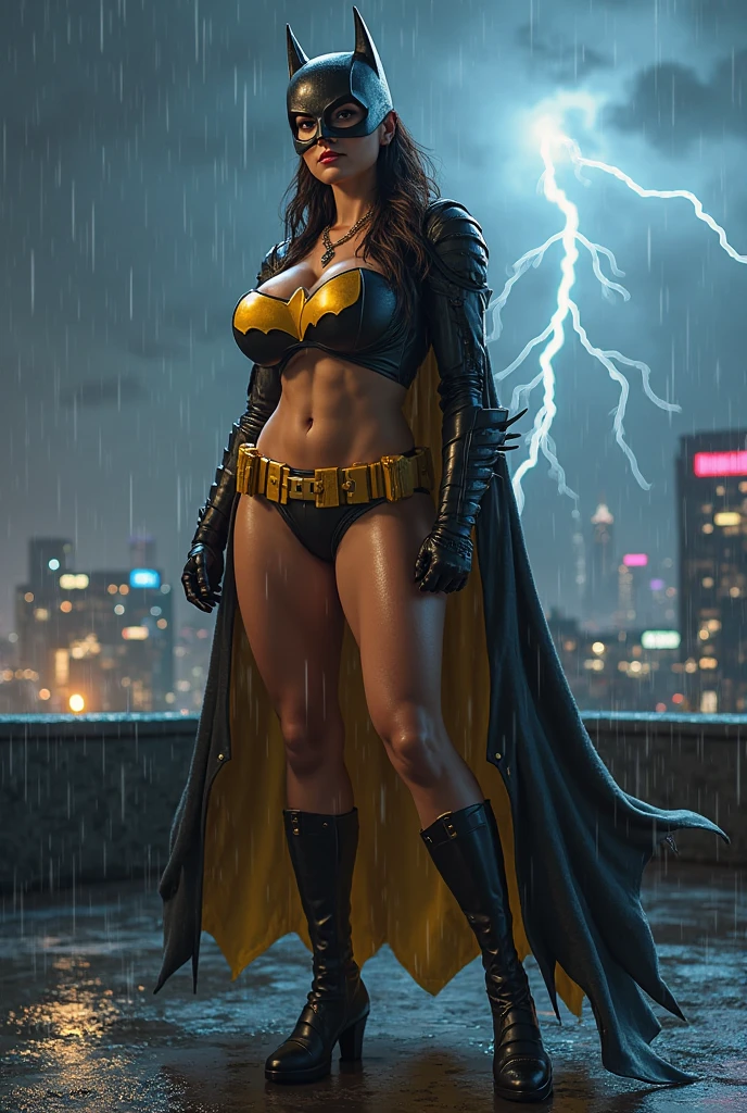 (masterpiece,stunning girlfriend, (standing:1.1), dynamic pose, heart shaped face, elegant face, beautiful face, highly detailed face, highres, masterpiece,best quality,original,extremely detailed CG,extremely detailed wallpaper,perfect lighting,looking at viewer,bare hands,1girl, SiennaKhan,short hair,black hair,animal ears,yellow eyes,cat ears,dark skin,dark-skinned female,gloves,jewelry,earrings,cape,facial mark,cleavage cutout,hoop earrings, standing, outside, dystopian future, post apocalyptic city, crowd, (crowd in military uniforms), bonfires, closed mouth, serious look, serious expression, looking at viewer,