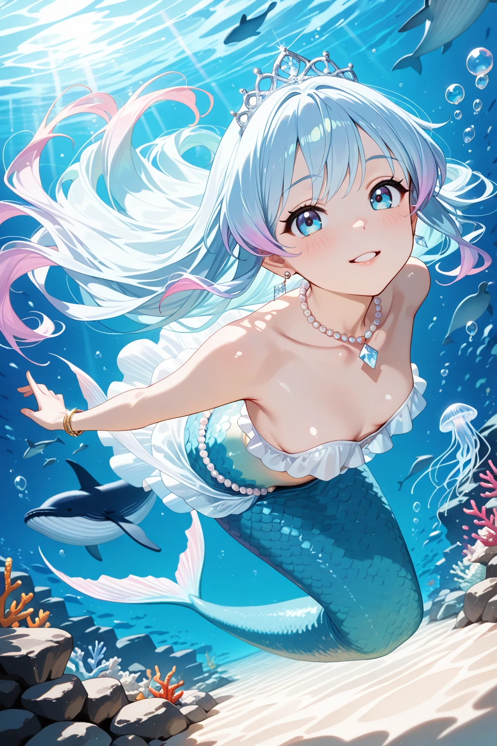Light blue long hair、Twin-tailed Mermaid、Pink cute mermaid、In the sea、Beautiful fish、Dolphin