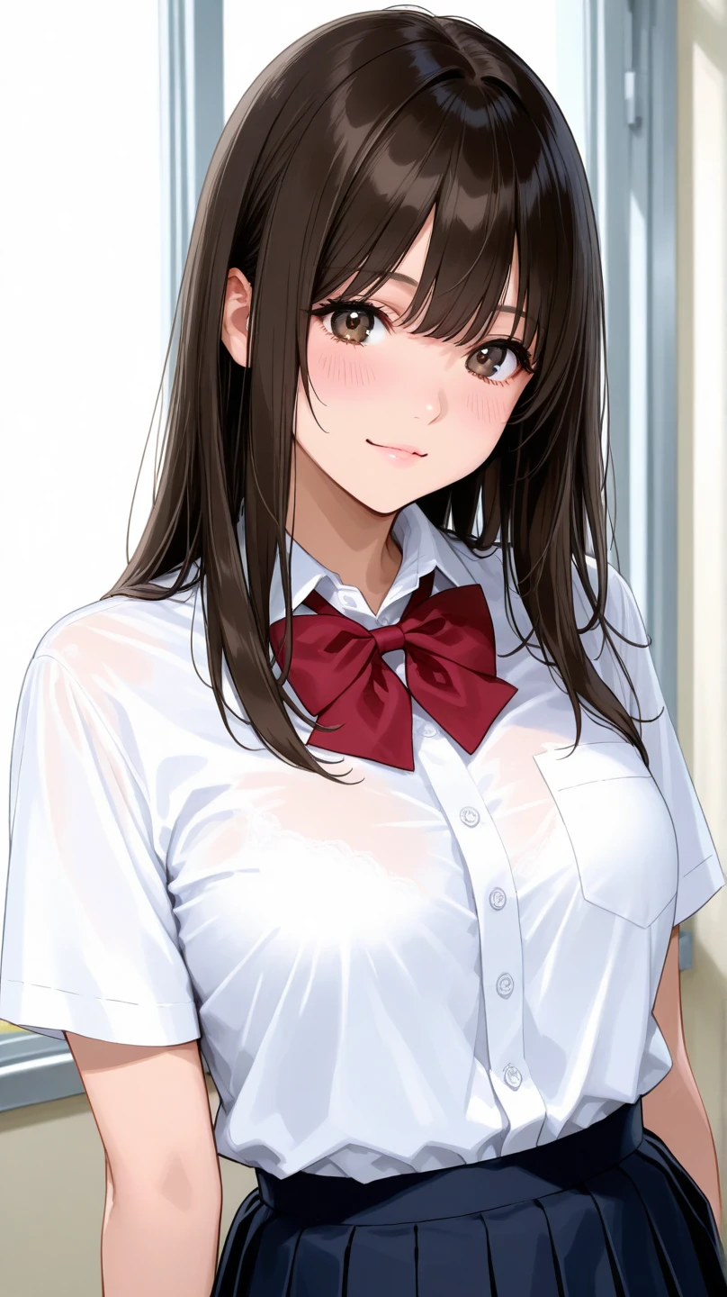 ((Tabletop, Highest quality, High resolution, Hmph, Pixel Perfect, 4K, Hmph, Hmph))), One Girl, single, alone, beauty、The whole body is visible、 ((Mid-wave hair, bangs, Brown Hair)), ((Brown eyes, Beautiful eyelashes, Realistic eyes)), ((Detailed face, Blushing:1.2)), ((Smooth texture:0.75, Realistic texture:0.65, Realistic:1.1, Anime CG Style)), Center of chest, Dynamic Angle, Perfect body, ((Red bow tie, , , White shirt, Black plaid skirt)), School locker room、Stand in front of the locker、Very embarrassing panic smile, 、Her cleavage is visible、Leaning forward、Sitting on the floor、Spread your legs、(、、Use both hands to lift up your skirt、Show your panties、Her white and light blue floral lace panties are completely visible)、Angle from below