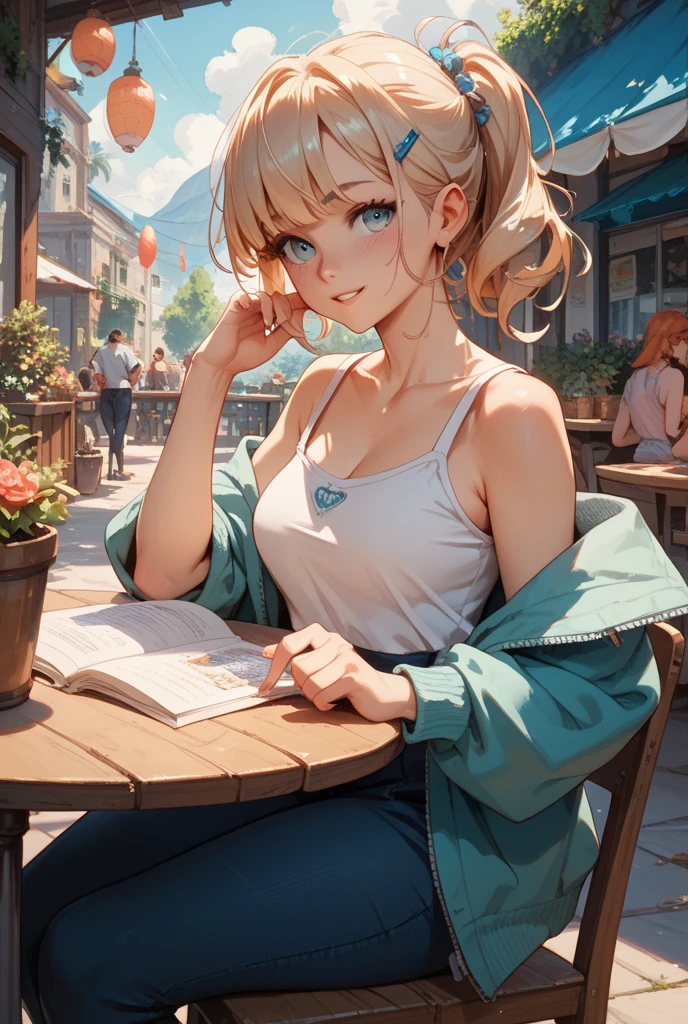 (masterpiece, best quality:1.2), solo, Android 18 from Dragon Ball, ((white slip-on crop top)), ((black dolphin shorts)), (light gray hooded crop jacket), thighs, midriff, small breasts, sweat, blonde hair, (single hair bun), ((blue eyes)), earrings on earlobes, slender feminine figure, narrow waistline, skinny body, long legs, studying, rain, sweating, cleavage, off shoulder, magnificent view, blur background, 4K, light blush, breath, gray new balance sneakers, indoors, chill, cafe, desk, ice coffee, Stormy,