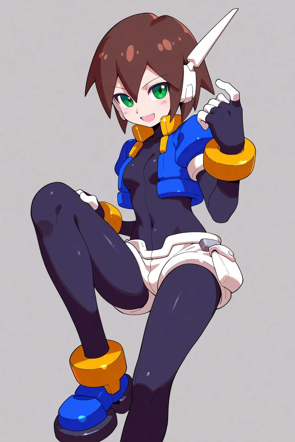 Aile_Megamanzx, 1 Girl, looking at viewer, Brown hair, Green eyes, Simple background , Blushed , Leaning on a table , Glasses , sharped Eyes
