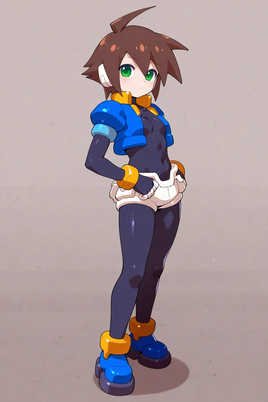 aile_megamanzx, kneeling with one hand on the ground and the other arm raised, 1girl, solo, short hair, brown hair, short sleeves, (bodysuit), robot ears, green eyes, very_short_shorts, short sleeves, short over long sleeves, smile, in futuristic city, , high quality, medium_breasts,crotch, slouch,groin,solo