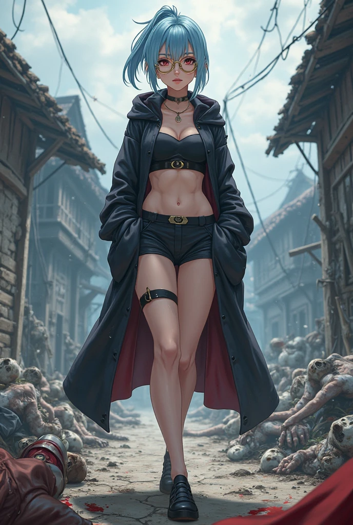 (ANIME ART STYLE), Kurihara Mari from prison school, black long hair, grey eyes, blushing, joyful expression, (wears robotic bikini Armor, cape), sitting on a rock in a destroyed city, rainy weather, dramatic shadows, crow on shoulder, full body view,