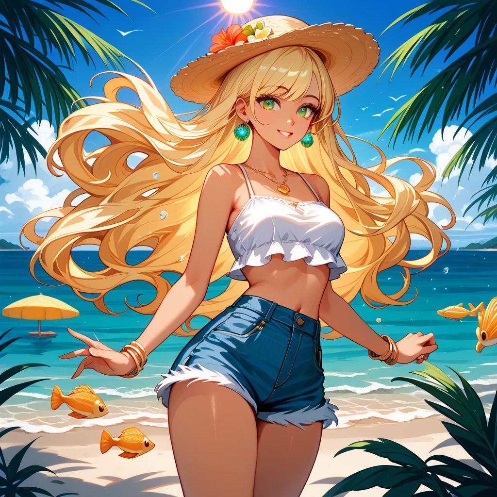 sandy beach,cocktail,white sun hat,forehead,yellow hair,extremely long hair,wavy hair,denim shorts,white bikini